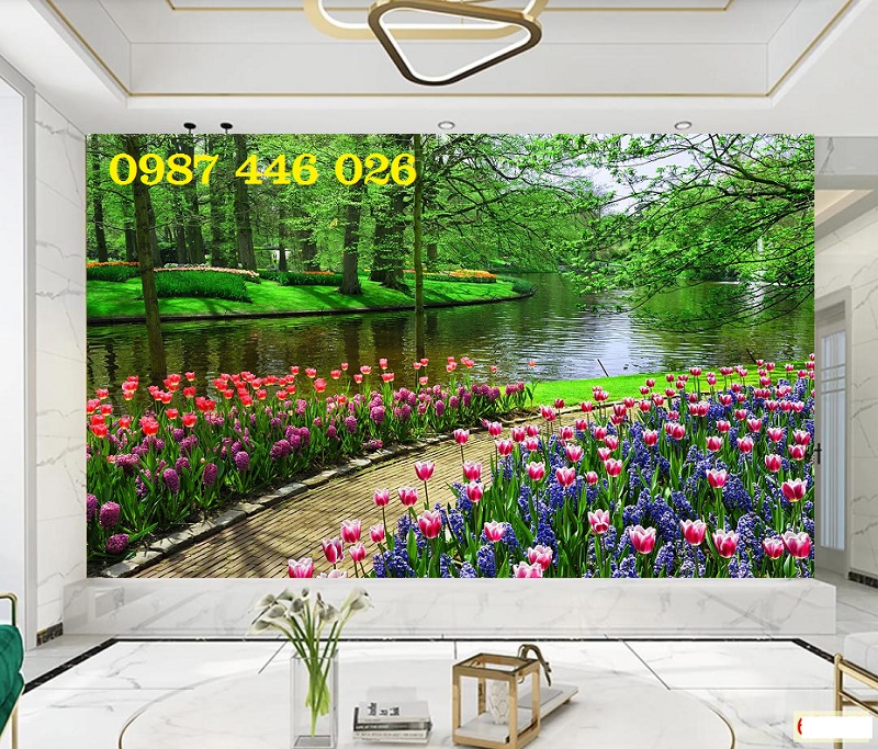 Gạch tranh 3d vườn hoa tuylip đẹp