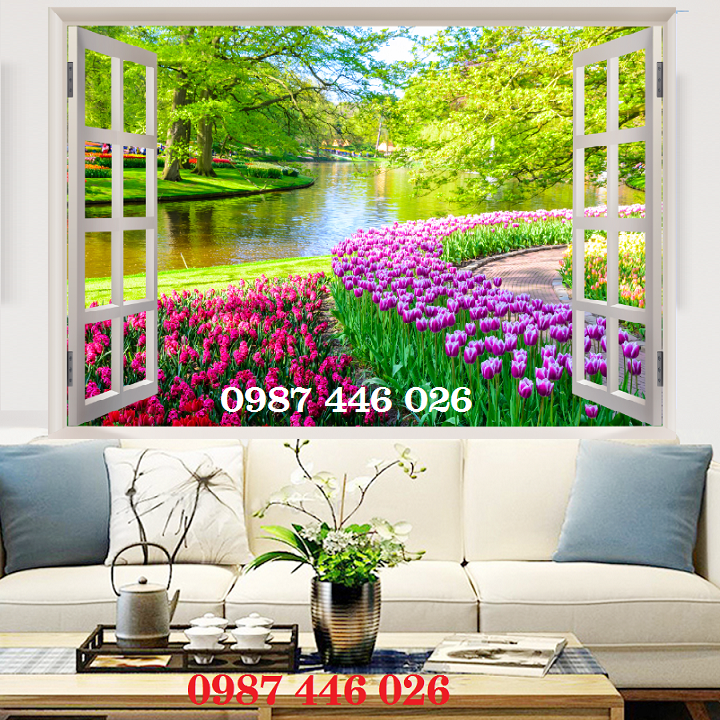Gạch tranh vườn hoa cửa sổ 3d