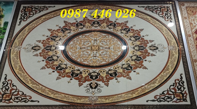Gạch thảm lát nền hoa văn tròn khắc vàng 1,6x2,4m