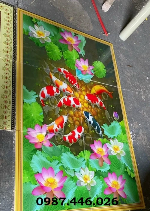 Bộ gạch tranh cá chép hoa sen phong thủy 3d